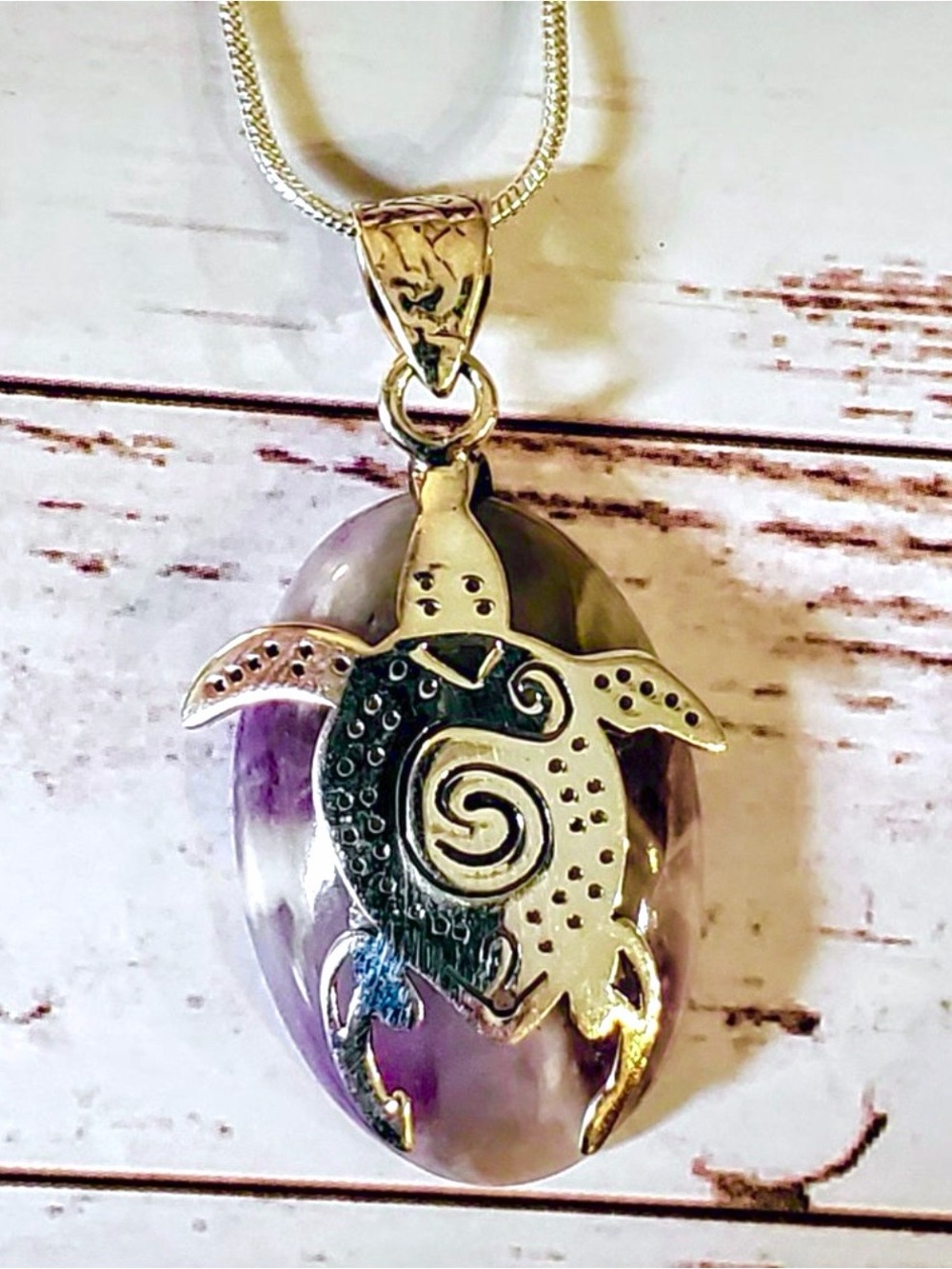 Southwestern Amethyst Chevron Crystal Healing Sterling Silver Turtle Pendant